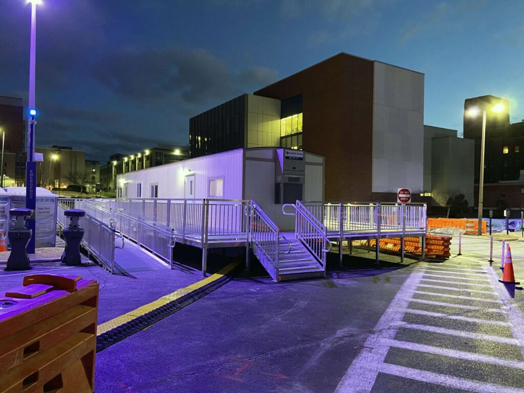 Industrial Stairs, Walkway and Wheelchair Ramp Installation for COVID Healthcare Relocatable Building