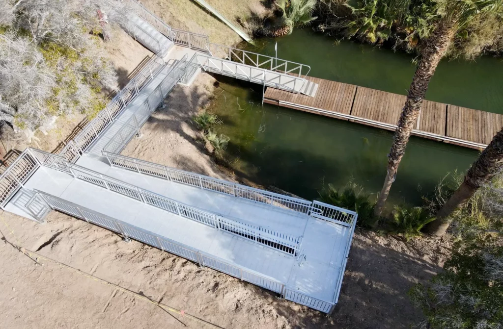 Hillside ramp to dock on lake